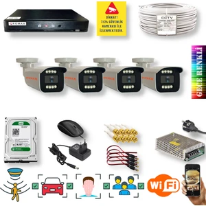 Qromax 4 Kameralı Set - Yapay Zeka Özellikli İnsan Yüz Araç Tanımalı Gece Renkli Gösteren 5 MP SONY Lensli 8 Warm Ledli FULLHD Güvenlik Kamerası Seti 908W-114