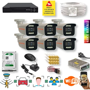 Qromax 6 Kameralı Set - Yapay Zeka Özellikli İnsan Yüz Araç Tanımalı Gece Renkli Gösteren 5 MP SONY Lensli 8 Warm Ledli FULLHD Güvenlik Kamerası Seti 908W-9008M