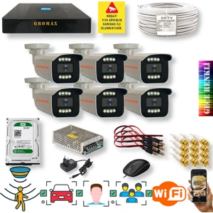 Qromax 6 Kameralı Set - Yapay Zeka Özellikli İnsan Yüz Araç Tanımalı Gece Renkli Gösteren 5 MP SONY Lensli 8 Warm Ledli FULLHD Güvenlik Kamerası Seti 908W-9008