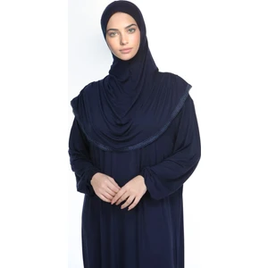 Sonbahar Moda Kadın Tesettür Pamuklu Başörtülü Namaz Elbisesi Dantelli Tek Parça Penye Kumaş Lacivert
