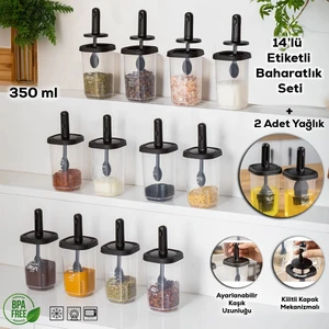 1102 -04  Kaydırmalı Kaşıklı Sızdırmaz Kapaklı Etiketli Yağdanlık Saklama Kabı 14'lü Baharatlık Seti