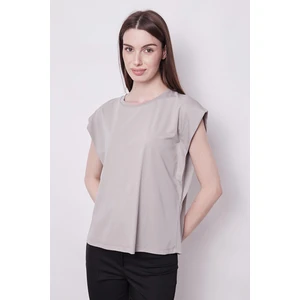 Şık Likralı Span Kumaş Kolsuz Geniş Sıfır Yaka Düşük Omuzlu Basic Tshirt Bluz-Gri