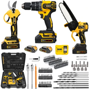 Fırçasız Motor 3 Lü Bahçe Set Takım 13 mm Yağ Pompalı Dal Kesme + Budama Makası + Darbeli Matkap 13 mm