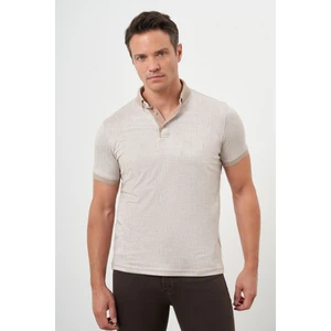 Erkek Bej Trend Merserize Jakar Desen Düğmeli Yaka Dynamic Fit T-Shirt