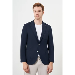 Erkek Lacivert Dokuma Slim Fit Torba Cep Mono Yaka Spor Ceket