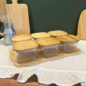 Sade Hediye 6'lı Bambu Tepsili Kare Cam Kahvaltılık Seti