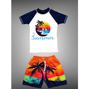 Lolli Boom Kids  Erkek Çocuk Gün Batımı Palmiye -Summer- Desen T-Shirt Şort Mayo Seti Üst Dalgıç Alt Paraşüt