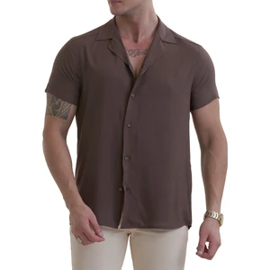 Exve Exclusive Kahverengi Doğal Viskon Nefes Alan Hawaii Rahat Kesim Kısakol Yazlık Gömlek