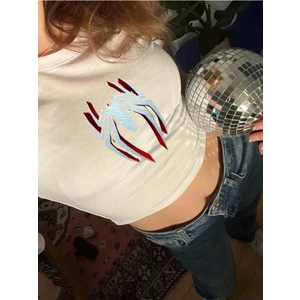 Beyaz Örümcek Adam Spiderman Logo Tasarım Baskılı Crop Body