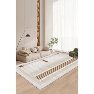 Confidence Home Makinede Yıkanabilir Kaymaz Taban Leke Tutmaz Bej Çizgili Salon Halısı Mutfak Halısı ve Yolluk