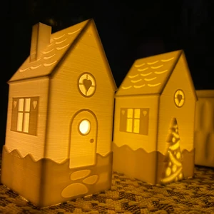 Root Made 2'li Tealight Mumluk Kış Evleri, Çam Ağaçı Desenli Noel Evleri, Balkon Süsü, Konsol Süsü Minik Evler