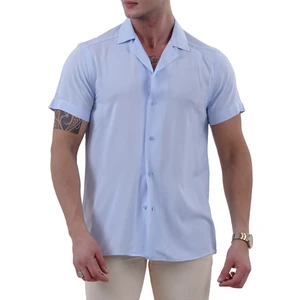 Exve Exclusive Açık Mavi Doğal Viskon Nefes Alan Hawaii Rahat Kesim Kısakol Yazlık Gömlek