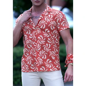 Exve Exclusive Turuncu Bej Çiçek Baskılı Trend Hawaii Rahat Kesim Kısakol Yazlık Gömlek