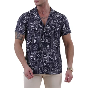 Exve Exclusive Lacivert Üzeri Beyaz Baskılı Tasarım Hawaii Rahat Kesim Kısakol Yazlık Gömlek