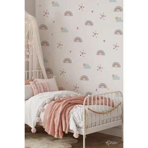 Boho Gökkuşağı Kalpler ve Figürler Çocuk Bebek Odası Duvar Sticker Seti, Pastel Renklerde Gökkuşağı