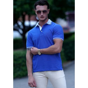 Exve Exclusive Saks Mavi Kıvrılmaz Kol ve Yaka Detaylı Çekmeyen Polo Yaka Kısakol Tişört