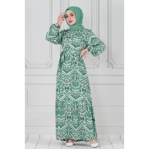 Motif Desen Beli Kuşaklı Viskon Elbise-Mint Yeşili