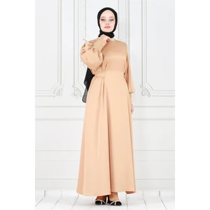 Arkadan Bağlamalı Kolu Düğmeli Saten Abiye-Bej