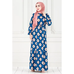 Eteği Fırfır Ikat Desen Viscon Elbise-Mavi