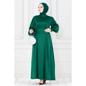 Arkadan Bağlamalı Kolu Düğmeli Saten Abiye-Zümrüt Yeşili