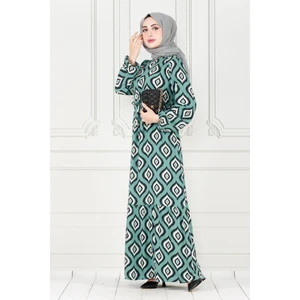 Eteği Fırfır Ikat Desen Viscon Elbise-Mint Yeşili