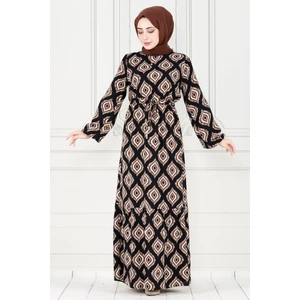 Eteği Fırfır Ikat Desen Viscon Elbise-Siyah