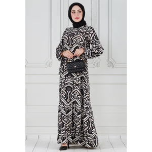 Motif Desen Beli Kuşaklı Viskon Elbise-Siyah