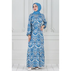 Motif Desen Beli Kuşaklı Viskon Elbise-Mavi