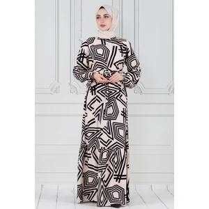 Geometrik Desenli Beli Tünelli Viscon Elbise-Pudra