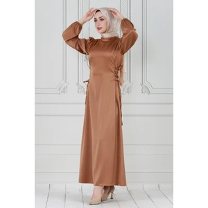 Yanı Bağcıklı Saten Abiye-Camel