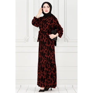 Eteği Fırfır Yaprak Desenli Viscon Elbise-Bordo