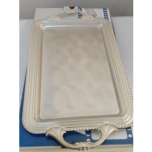 49X27 cm Diktörgen Çay Tatlı ve Sunum Tepsisi Gümüş Tepsi