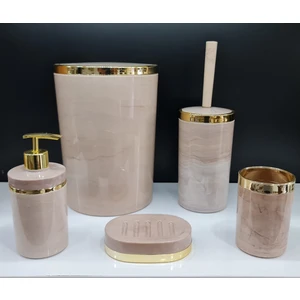 5 Parça Akrilik Yuvarlak Banyo Seti Somon Mermer Gold Kromaj 5'li