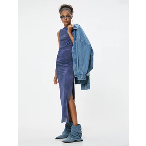 Uzun Elbise Kolsuz Kayık Yaka Yırtmaçlı Soyut Desenli Slim Fit