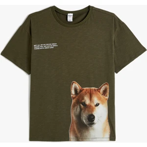 Oversize Tişört Köpek Baskılı Kısa Kollu Bisiklet Yaka Pamuklu