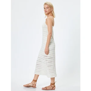 Midi Kroşe Elbise Ince Askılı Ajurlu Boncuklu Astarlı