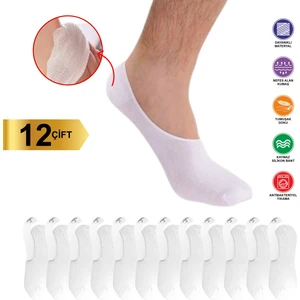 12 Çift Erkek Görünmez Kaydırmaz Topuk Silikonlu Babet Beyaz Çorap