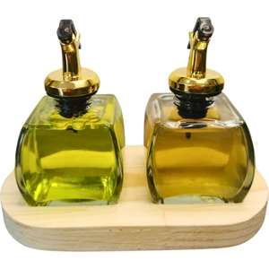 Pıtrak Store Pıtrakstore Ahşap Stantlı Şeffaf 2'li 150ML Zeytinyağı Sosluk Yağlık Yağdanlık Gold Başlık