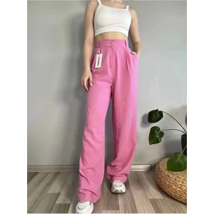 Kadın Pembe Yüksek Bel Keten Palazzo Pantolon