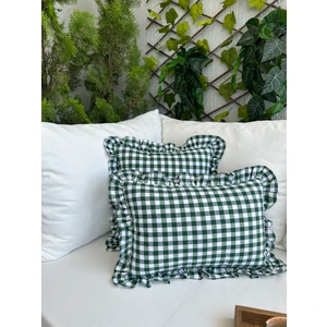 Decamor Home Keten Vintage Koyu Yeşil Pötikare Fırfırlı Kırlent Kılıfı