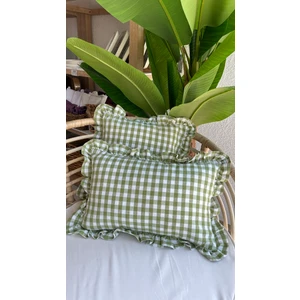 Decamor Home  Vintage Keten Fıstık Yeşili Pötikare Fırfırlı Kırlent Kılıfı