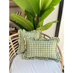 Decamor Home  Vintage Keten Fıstık Yeşili Pötikare Fırfırlı Kırlent Kılıfı