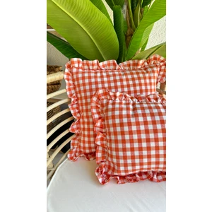 Decamor Home  Vintage Keten Turuncu Pötikare Fırfırlı Kırlent Kılıfı