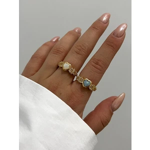 Kadın 18K Altın Kaplama Beyaz Opal Kalp & Zirkon Baget Taşlı Ayarlanabilir Çelik Yüzük (Exclusive)