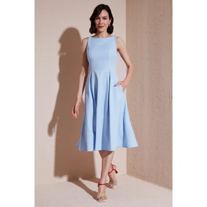 Bisiklet Yaka Regular Fit Cepli Pileli Midi Elbise Kadın Elbise 6051963