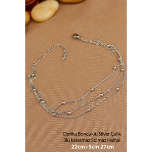 Keyifli Hayaller Çelik Halhal -3lü Dorika Boncuklu 316L Çelik  Zincir Halhal Silver 22+5cm Yeni Sezon