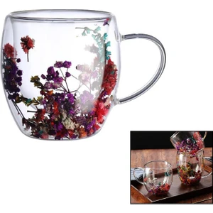 240ML & Geniş & Kalpli Çift Cidarlı & Çiçek Süslü - Termisil & Isıya Dayanıklı Cam Bardak