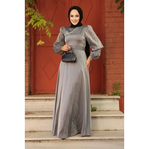 Neva Style Boncuk Detaylı Gri Tesettür Abiye Elbise 23301gr