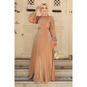 Neva Style Boncuk Detaylı Camel Tesettür Abiye Elbise 23301C