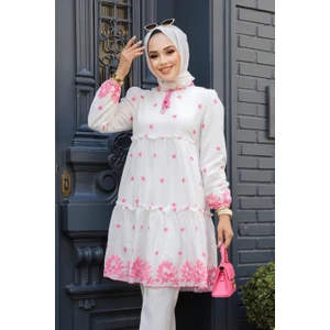 Neva Style Desenli Pembe Tesettür Tunik 13821p
